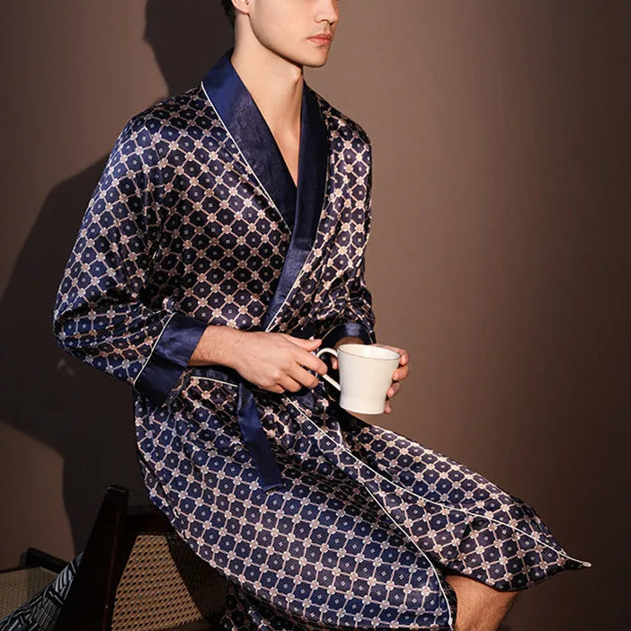 Men's Thin Bathrobe High Quality Nightrobes One-Piece Robe Male Loungewear Gents Spring and Autumn New Ice Silk Printed Pajamas