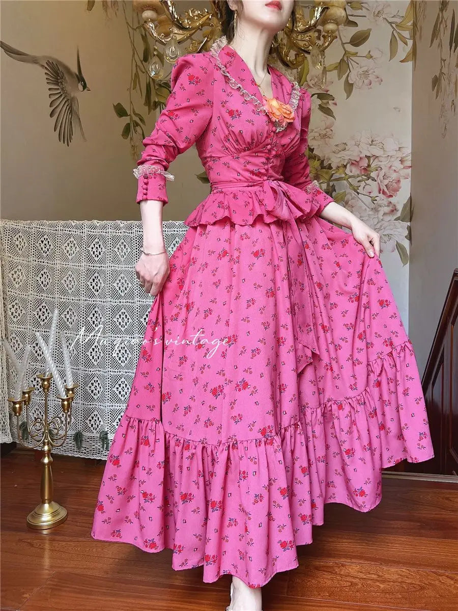 Rose Red Flower Autumn Long Sleeve French Vintage Dress V-neck Waist Cinched Slimming Ruffle Large Swing Long Dress for Women