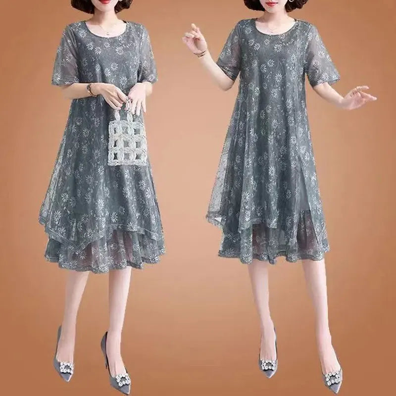 Fashion Casual Irregular Loose Midi Dress Female Clothing Commute Round Neck Summer Short Sleeve Gauze Patchwork A-Line Dresses