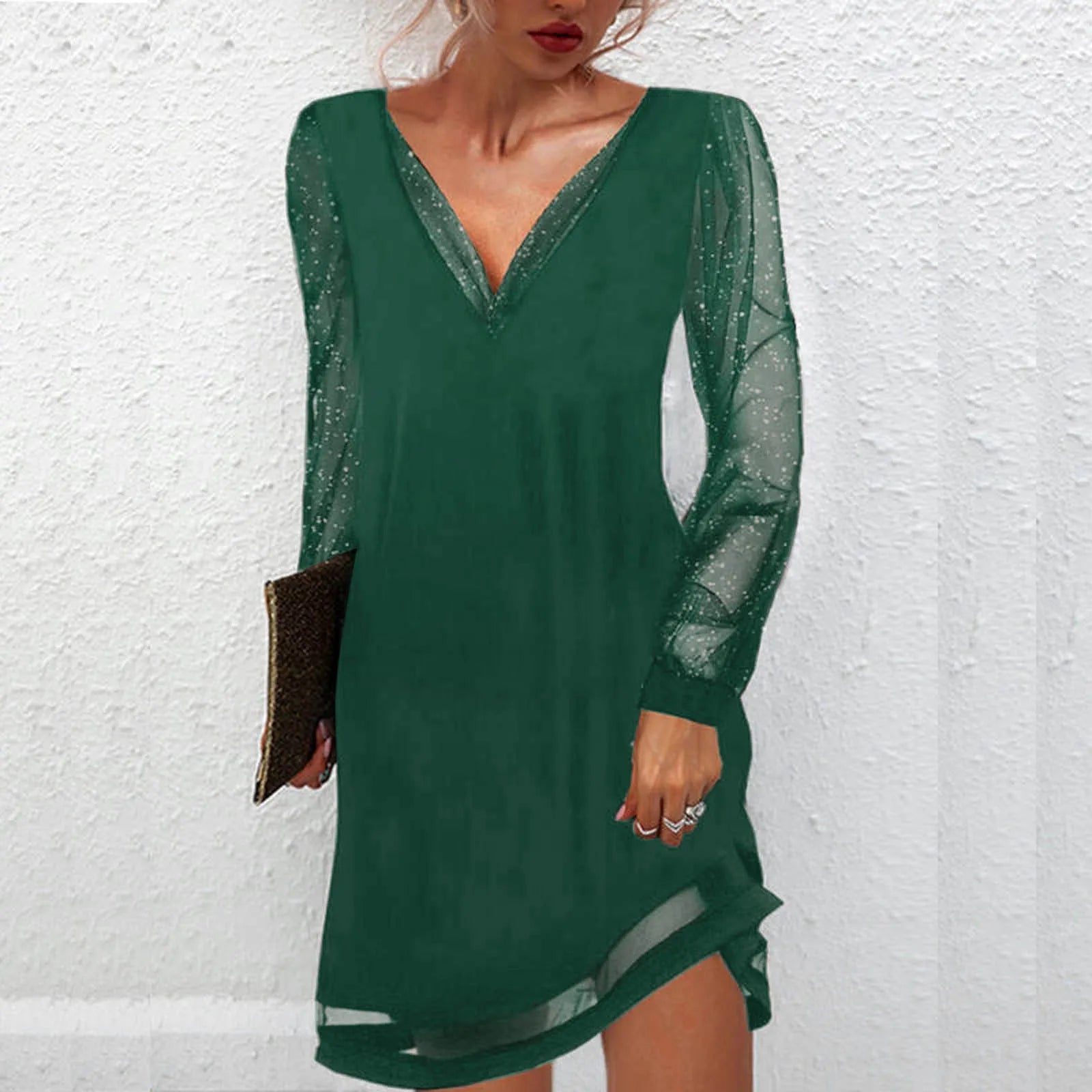 LuxeVibe V-Neck Lace Splice Dress - Knee Length, Ruffle Detail, Long Sleeve, Effortlessly Chic & Comfortable
