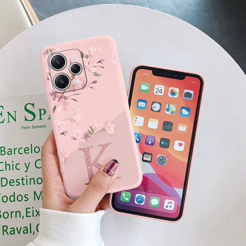 Redmi 12 Note 14 Pro Silicone Phone Case - Pink Floral Design with Personalized Initial A-Z - Stylish & Protective Cover