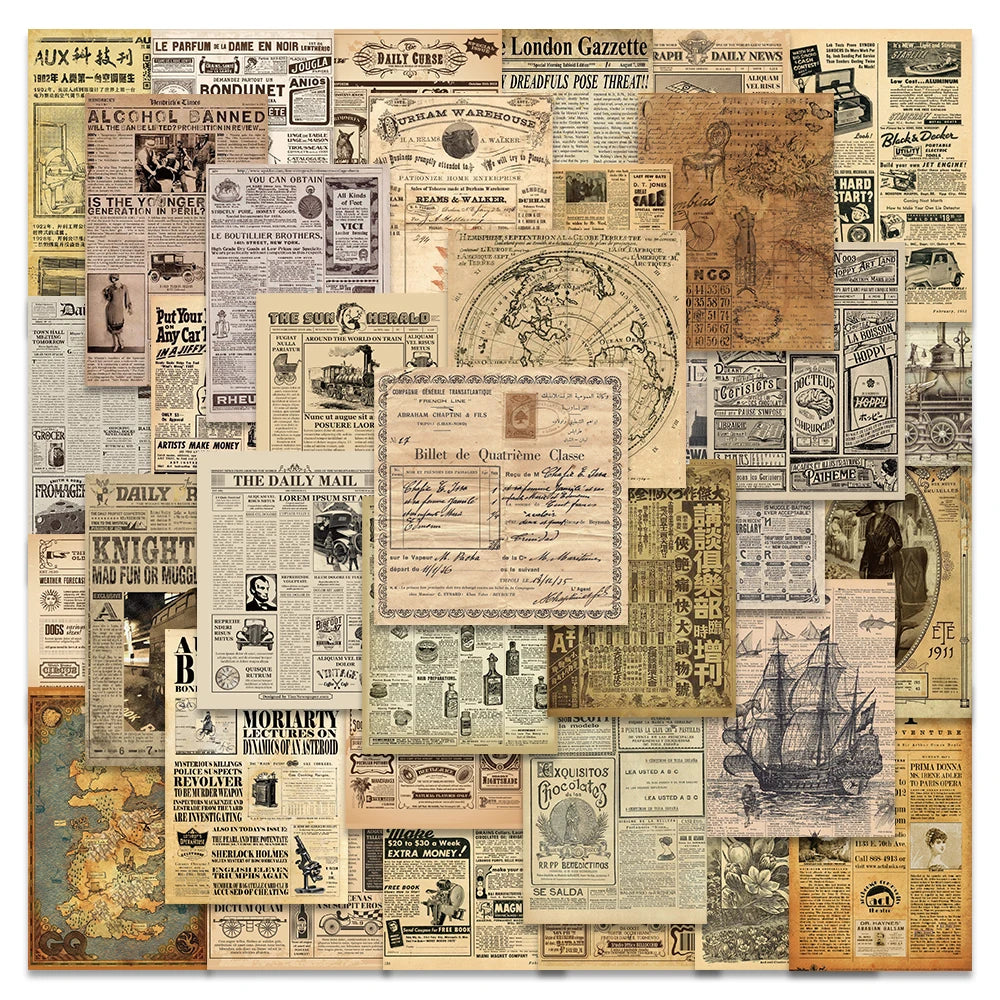 35PCS Yellowed Old Newspaper Vintage Parchment Retro Stickers Decals DIY Car Suitcase Scrapbook Phone Laptop Bike Sticker