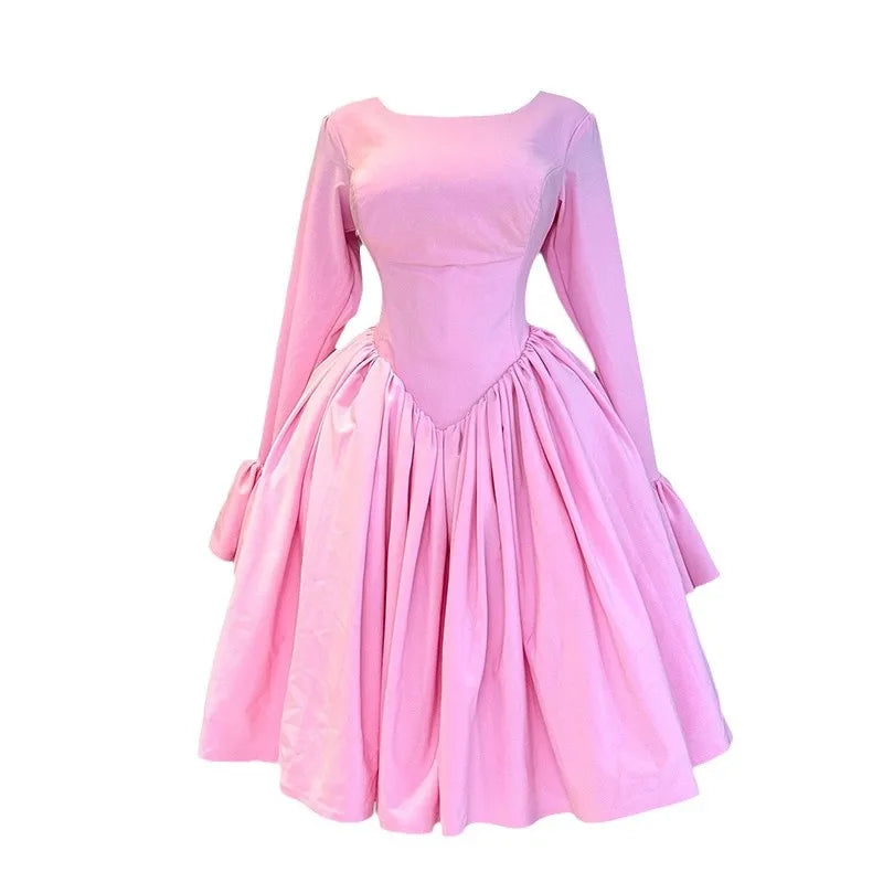Elegant Pink A-Line Dress for Women - Pleated Round Neck, High Waist, Perfect for Parties and Weddings