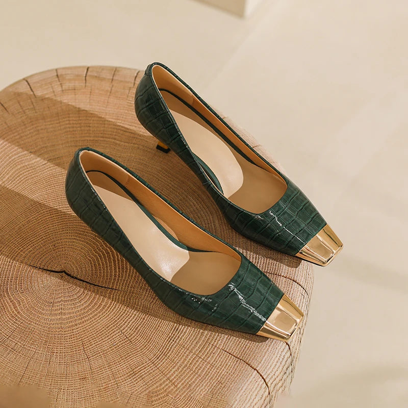 【JOCHEBED HU】Brand New Shoes Metal Square Toe Women Pumps Patchwork Genuine Leather Thin High Heels Ladies Footwear Plus 34-43