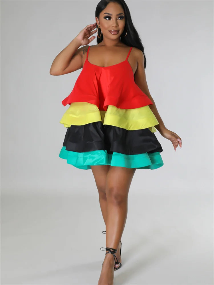 Women's Ruffle Satin Mini Dress – Sleeveless Square Neck Party Dress