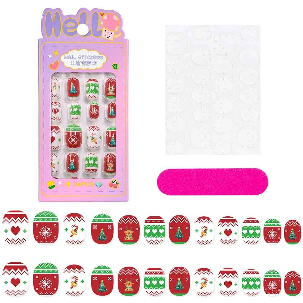 24pcs Princess Girls Christmas Press On Nails Candy Color Kawaii Christmas Tree Snowman False Nails New Year Children Fasle Nail