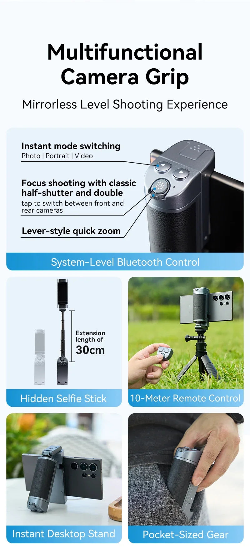 TELESIN Phone Camera Multi-function Selfie Handle Bluetooth Phone Stand Selfie stick Remote Control Adapter Grip Handle Holder