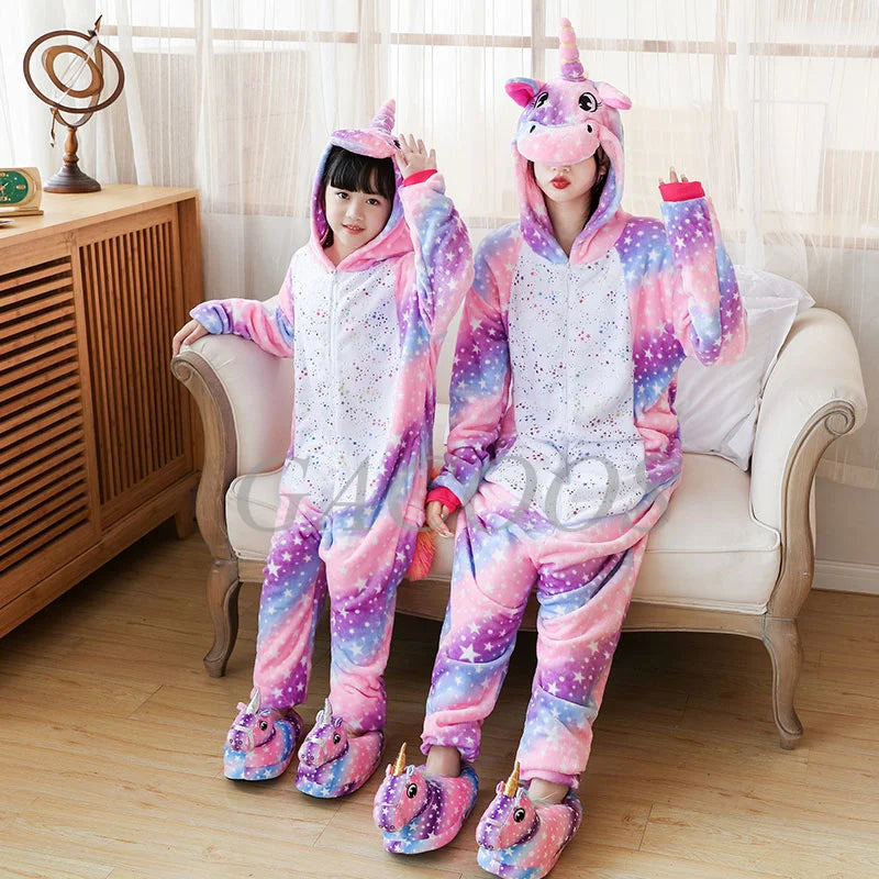 Boy Girl Kigurumi Pajama Sets Panda Unicorn Pajamas For Women Pijimas Cat Onesie Adult Animal Sleepwear Winter Warm Pyjamas Kids