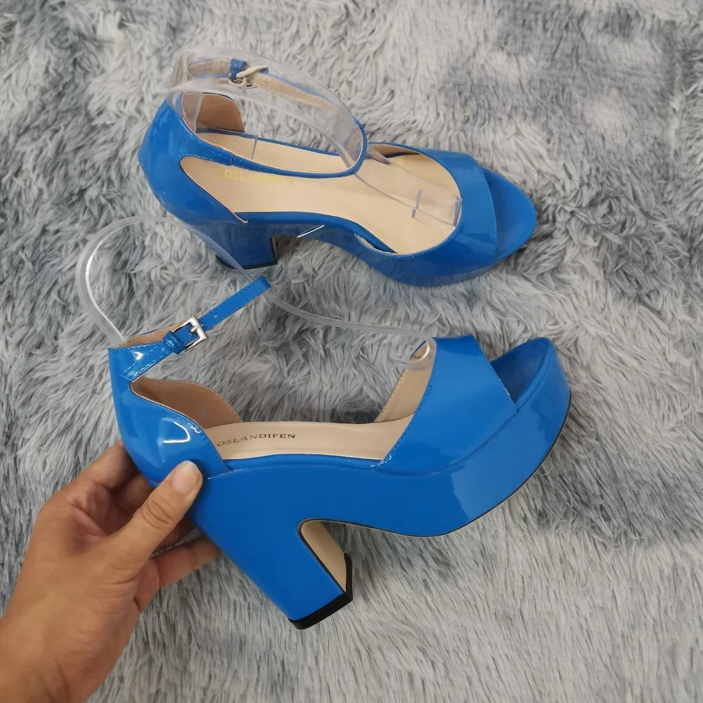 Women Sandals 2026 Summer Ankle Strap Pumps Colourful Sexy Peep Toe Square High Heels Flock Platform Wedding Pole Dancing Shoes