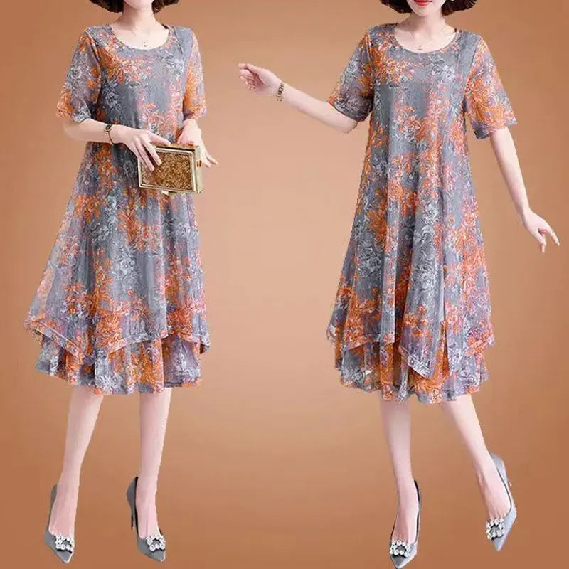 Fashion Casual Irregular Loose Midi Dress Female Clothing Commute Round Neck Summer Short Sleeve Gauze Patchwork A-Line Dresses