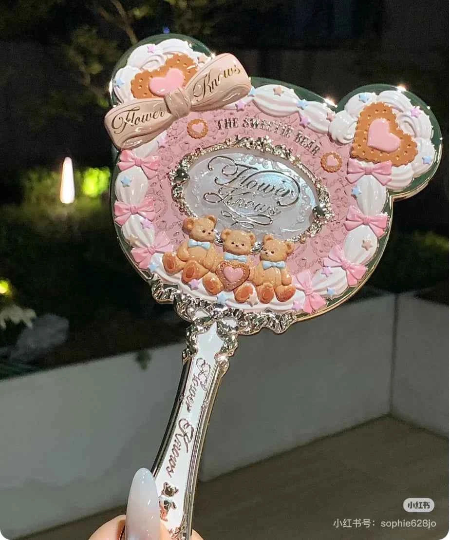 Flower Knows Sweetie Bear Collection Hand Holding Mirror 3 Types Exquisite Relief Makeup Tools Cute HD Makeup Mirror