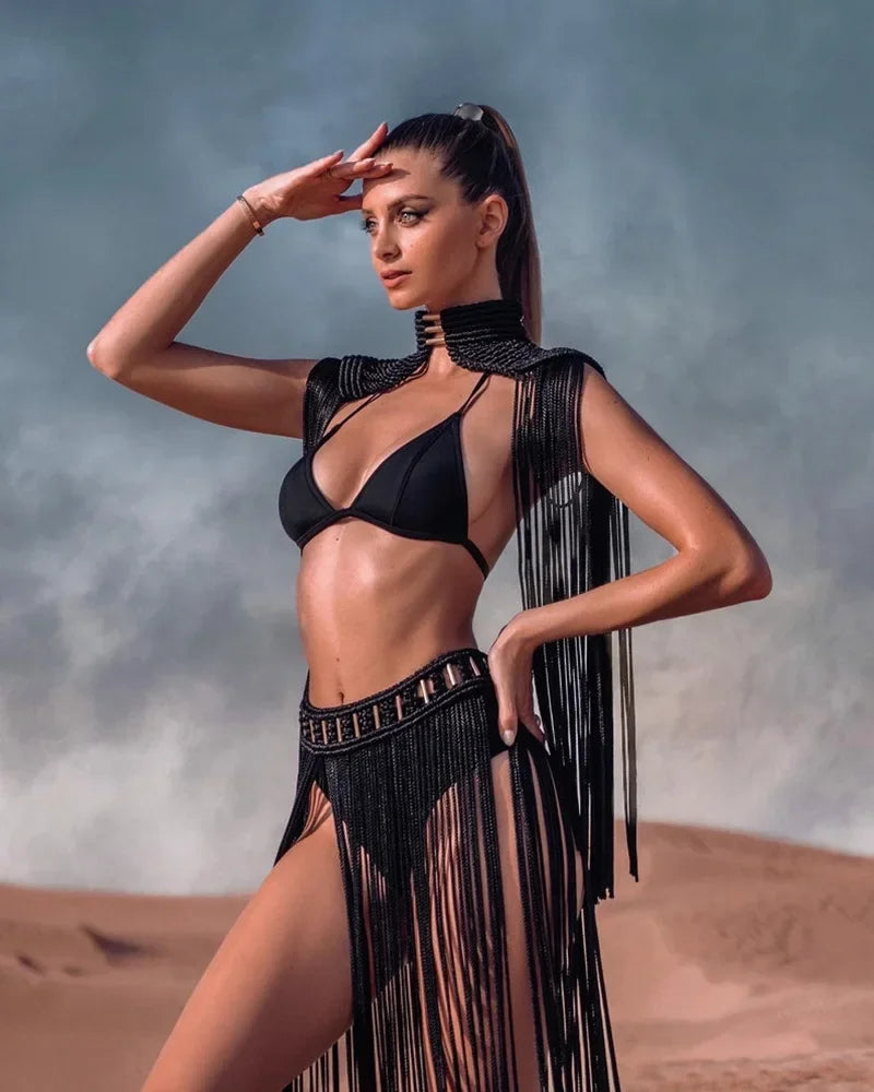 Design Sexy Tassel Outfits Hand Made Greek Goddess Roman Lady Dress Bohemia Vocation Beach Party Women Two Pieces Set