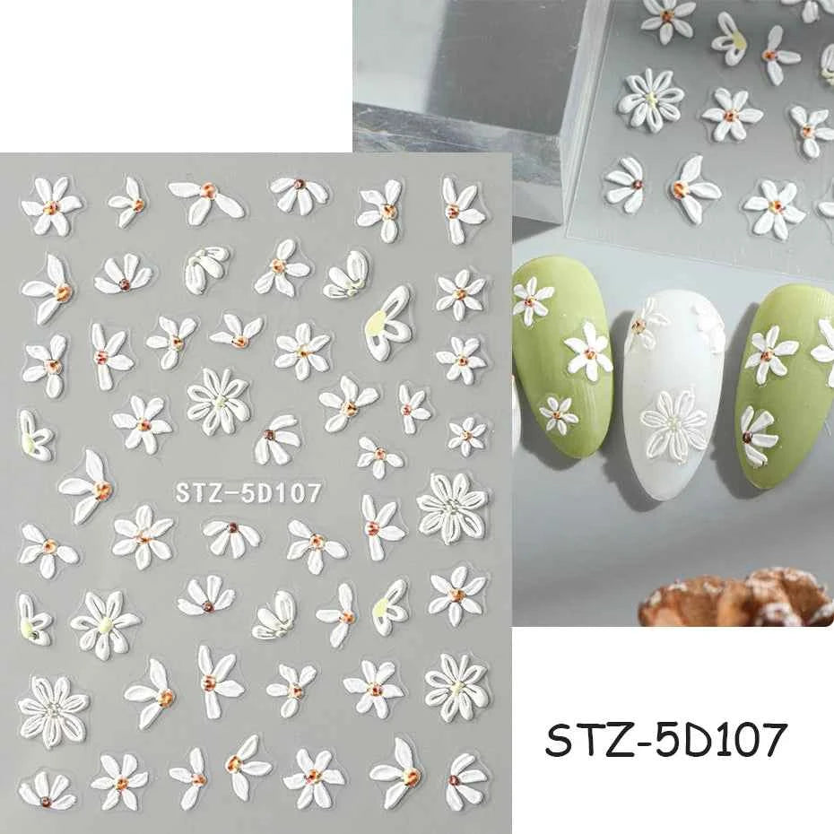 Daisy Dreams Nail Stickers - 5D White Flower & Bee Design, Self-Adhesive Acrylic Decals for DIY Manicure Magic