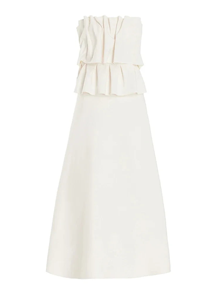Elegant Pleated Sleeveless Long Dress Women White Slim Tube Party Dresses Female 2026 Spring New Fashion Street Maxi Robes