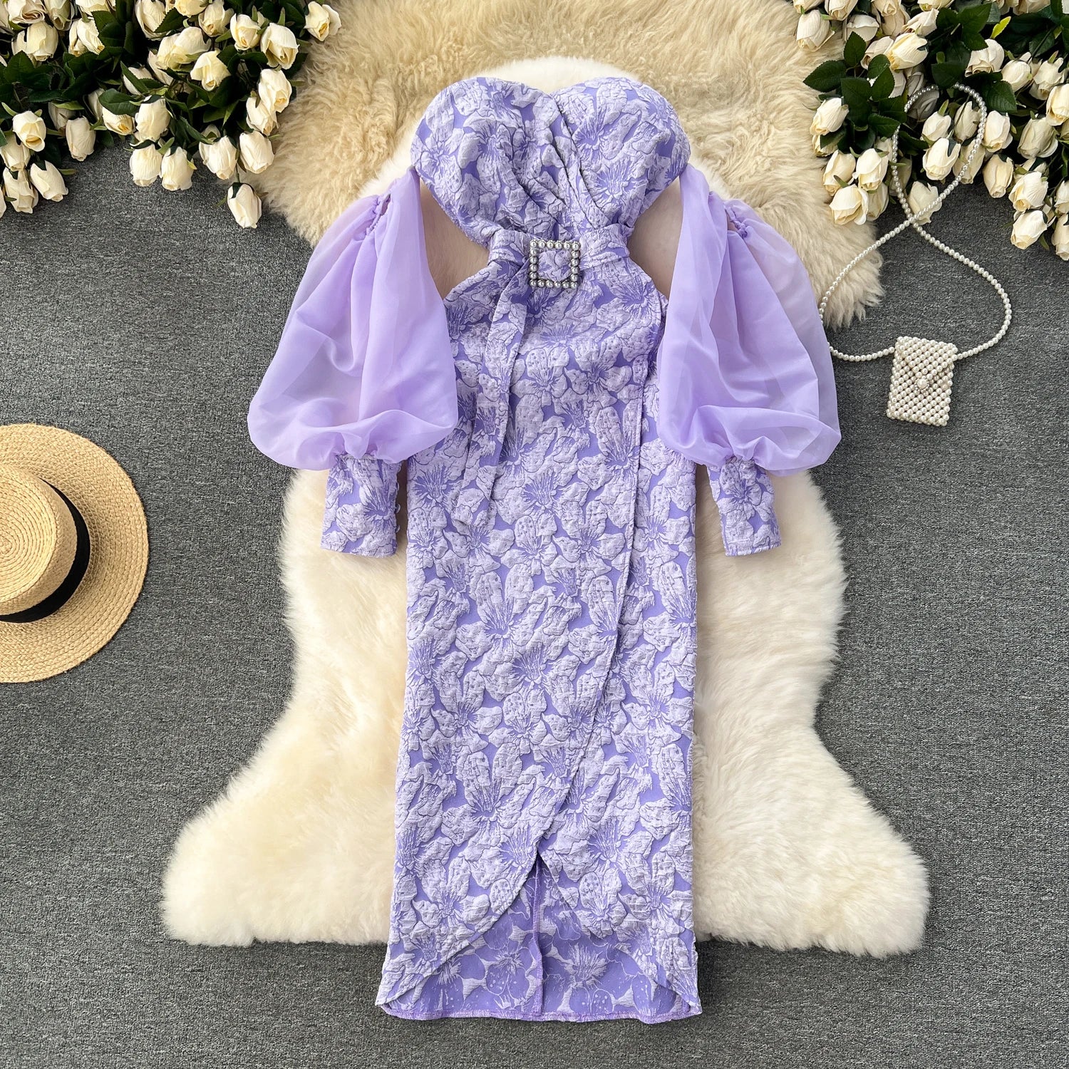 Vintage Chic Sequin Bishop Sleeve Off-Shoulder Slim Tube Dress