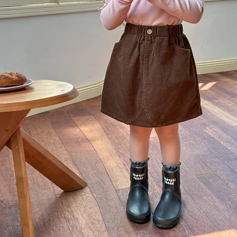 2025 Spring Children's Soft Pit Strip Cotton Corduroy Half Length Skirt for Girls Autumn Fashionable Versatile Short Skirt 2-16Y