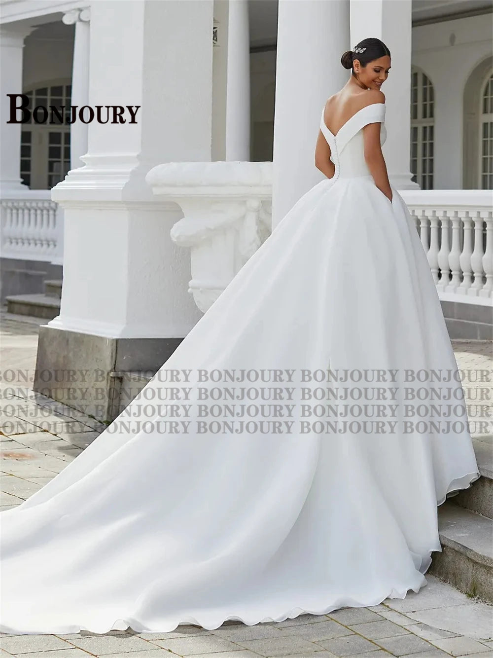 BONJOURY V-neck Satin Wedding Dress with Pockets & Chapel Train for Confident Brides