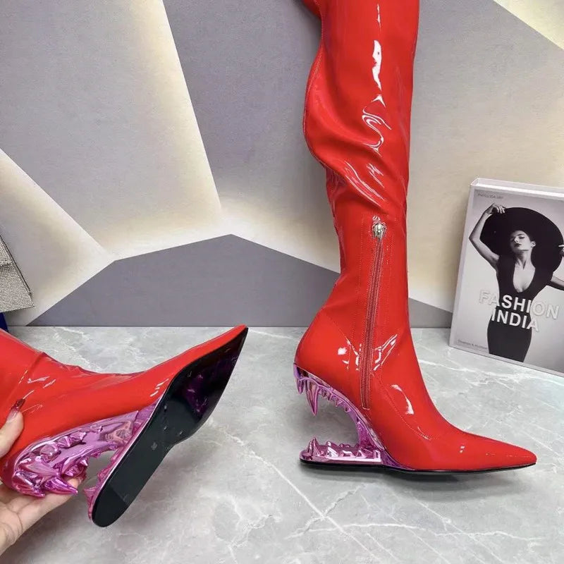 Women's Pointed Tiger Teeth Heel Knee High Elastic Boots Fashionable Over-the-Knee Super High Heel Banquet Show Shoes Autumn Winter