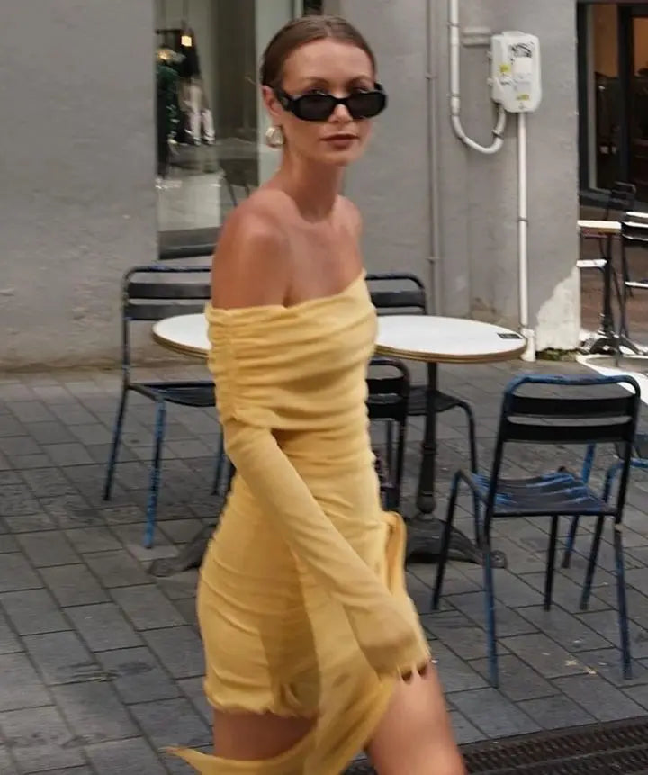 Articat One Shoulder Mesh Dress - Double Layered, Pleated Skirt for Women - Perfect for Vacation & Party