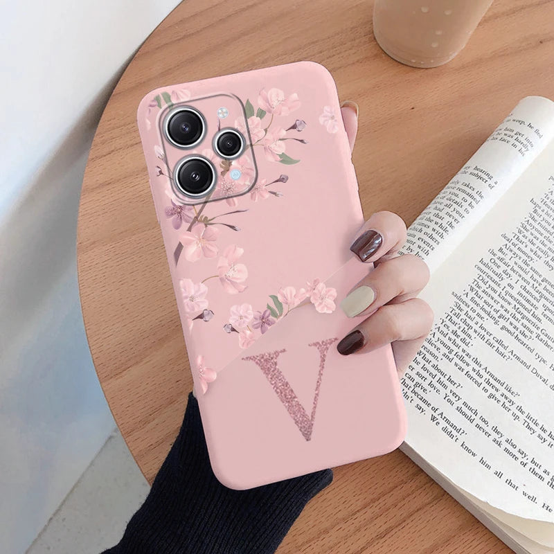 Redmi 12 Note 14 Pro Silicone Phone Case - Pink Floral Design with Personalized Initial A-Z - Stylish & Protective Cover