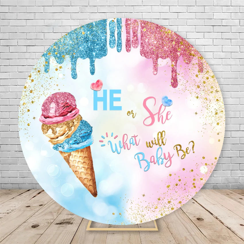 Gender Reveal Backdrop Round Cover Watercolor Cloud Bear Party Decor He or She Oh Baby Shower Photography Background Elasticity