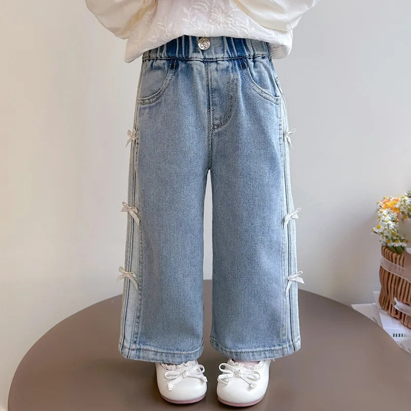 Stylish Girls Bow Jeans Spring and Autumn 2025 New Baby Girl Casual Denim Straight Pants Children's Elastic Waist Trousers