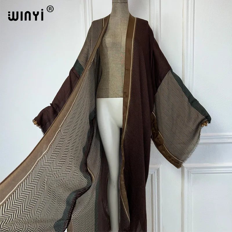 WINYI Africa fashion summer kimono maxi dress cover up beach women Cardigan boho sexy coat Geometric print kaftan beach outfits
