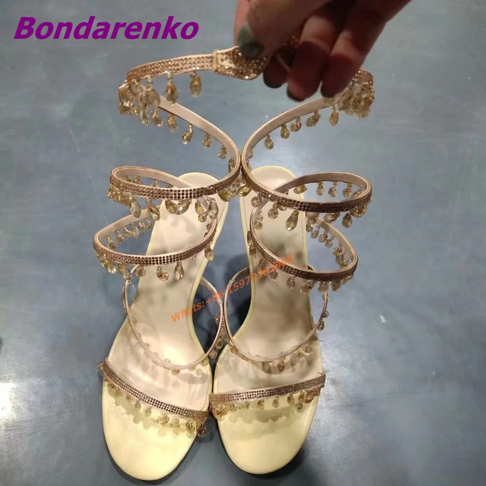 Newest Rhinestone Serpentine Sandals Women Shoes Open Toe Solid Hollow Stiletto Heel Sandal Slip On Summer Party Dress Sexy Shoe