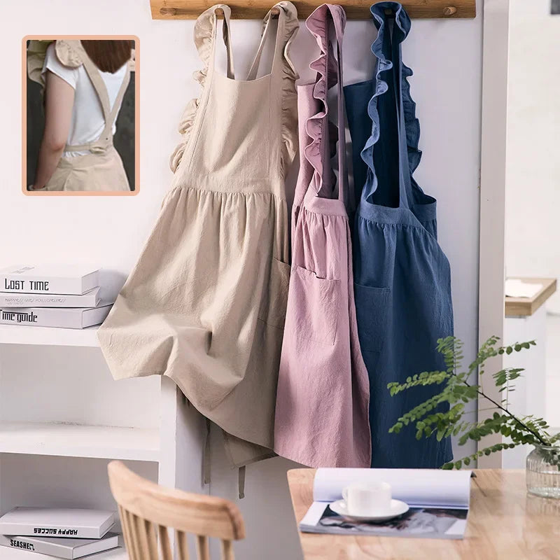 Cross Back Apron Kitchen Apron Ruffled with Pockets for Chef Gardening Pink Work Women with Big Pinafore Dress Cooking Baking