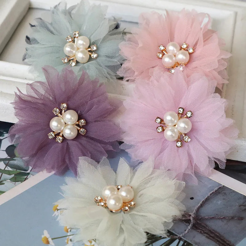 10PCS/Lot 6.5CM Pearl Center Handmade DIY Fabric Flowers Hair Accessories Dress Shoes Hats Decoration