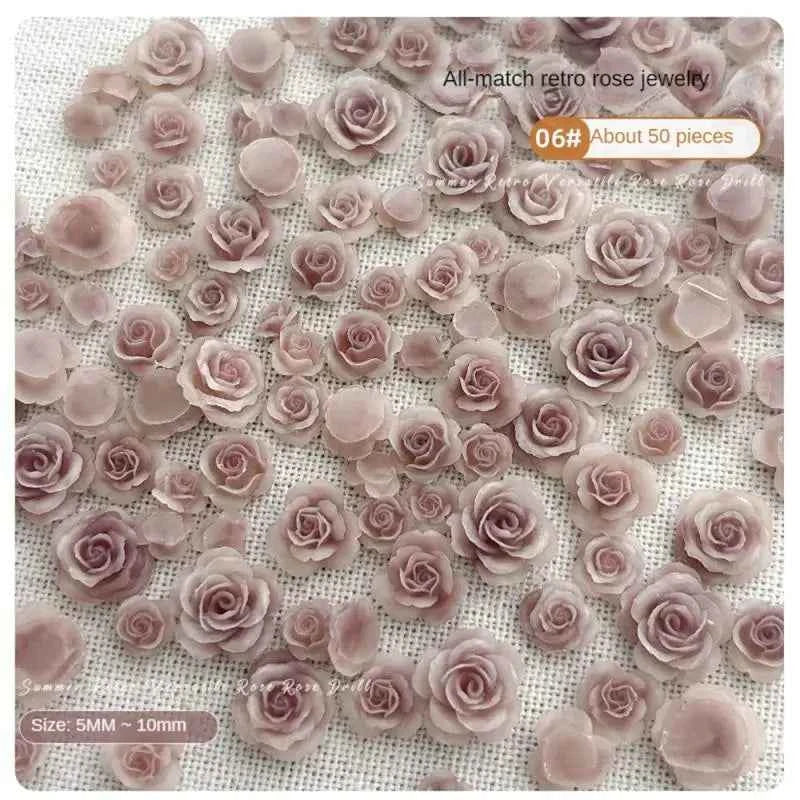 Rose Charm Nail Jewelry - Vintage Resin Camellia with Diamond Accents - Mixed Sizes for Stunning Nail Art