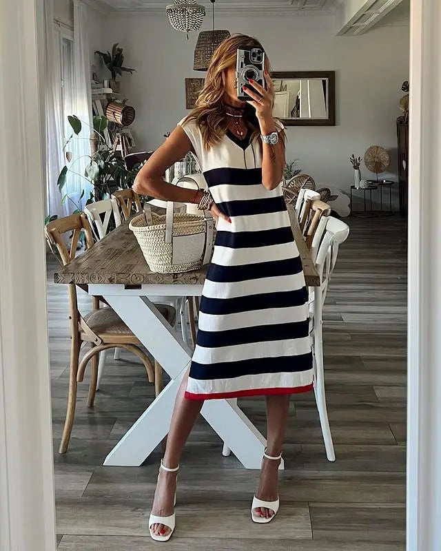 Black & White Striped V-Neck Pullover Dress with Slit - Casual & Loose Fit for Summer 2026