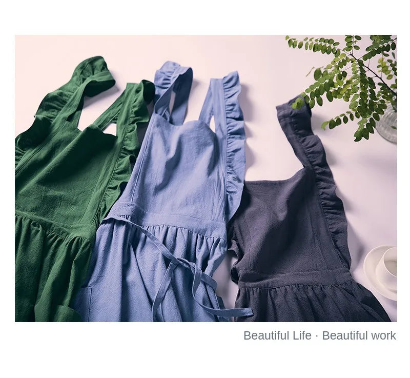Cross Back Apron Kitchen Apron Ruffled with Pockets for Chef Gardening Pink Work Women with Big Pinafore Dress Cooking Baking