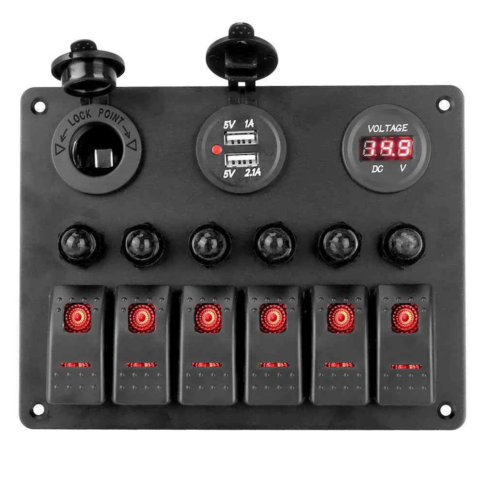 12V 24V 6 Buttons Car Switch Panel 15A Fuse Marine Circuit Breaker Voltmeter Tester Light Toggle USB Chargers 3.0 Auto Splitter
