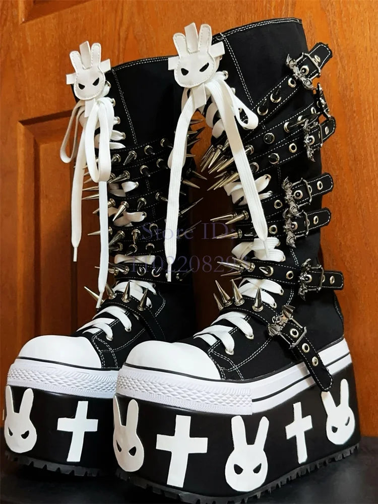 Cross Rivet Knee-high Boots Punk Round Toe y2k Platform Devil Angel Canvas Shoes Lace-up Women's Motorcycle Boots 2025 Halloween