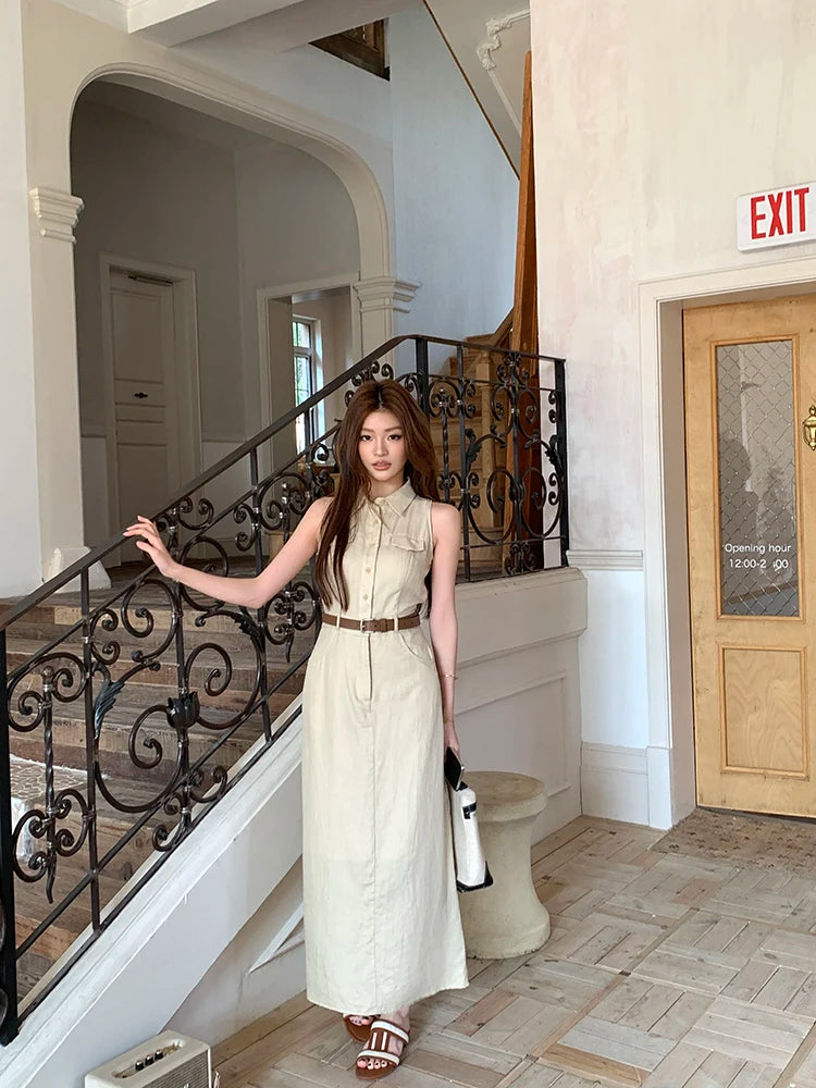 Elegant Moments Spring Summer Sleeveless Office Dress - Chic Turn-down Collar for Effortless Style at Evening Parties