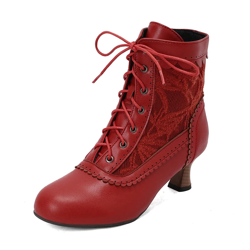 2025 New Lace Up Ladies High Heel Shoes Strange Steampunk Boot Victorian Ankle Boots Women Pointed Toe Thick Soled Short Boots