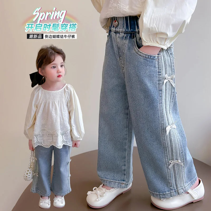 Stylish Girls Bow Jeans Spring and Autumn 2025 New Baby Girl Casual Denim Straight Pants Children's Elastic Waist Trousers