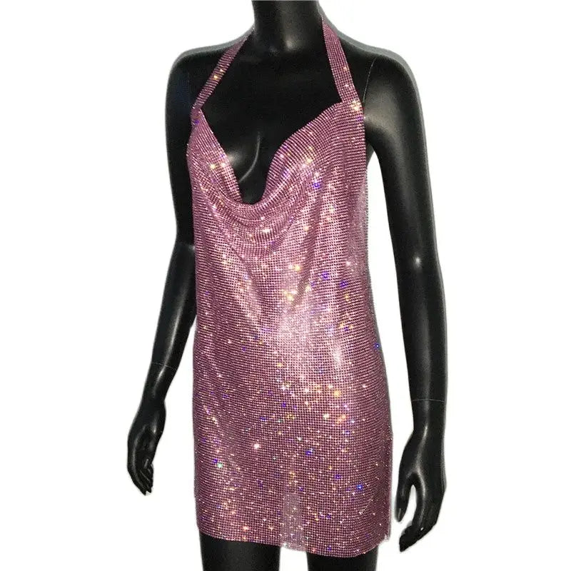 Bling Backless Rhinestone Dress - Sexy Deep V Neck, Sleeveless, Side Split Halter for Nightclub & Party