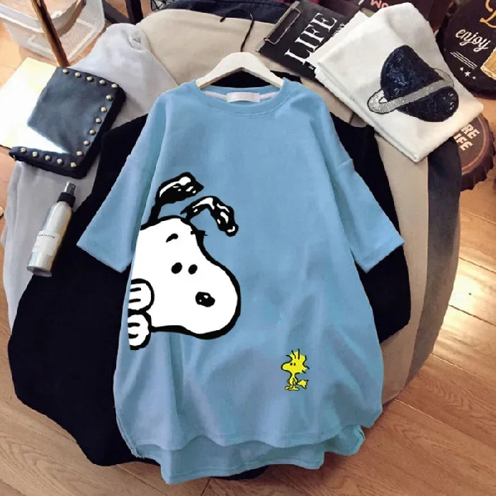 new Snoopy women's loose large version top summer short-sleeved t-shirt women's cotton mid-length cartoon women