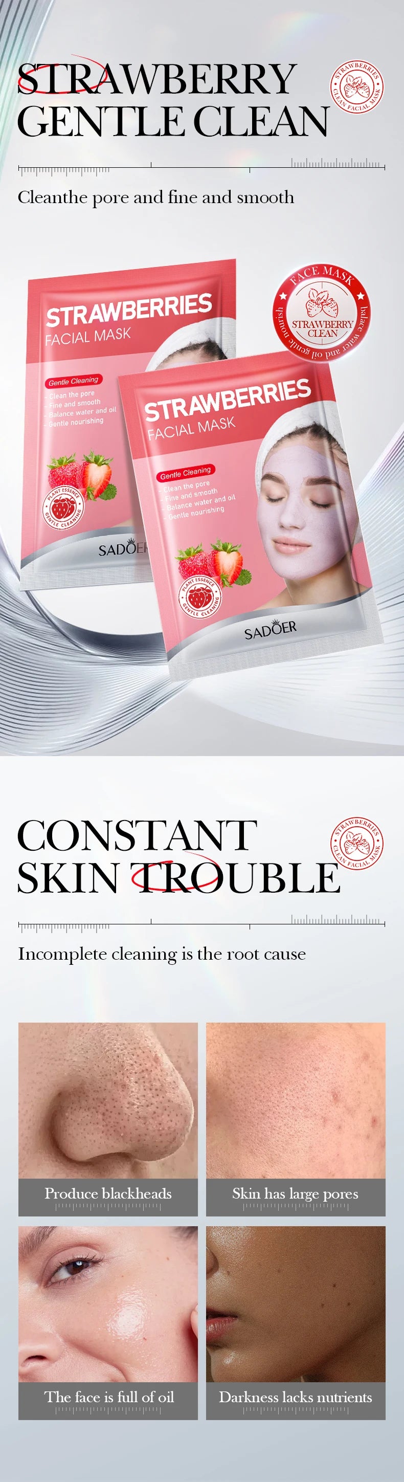 5pcs SADOER Strawberry Face Mask Mud Masks Facial Moisturizing Blackhead Removal Clay Skin Care Products