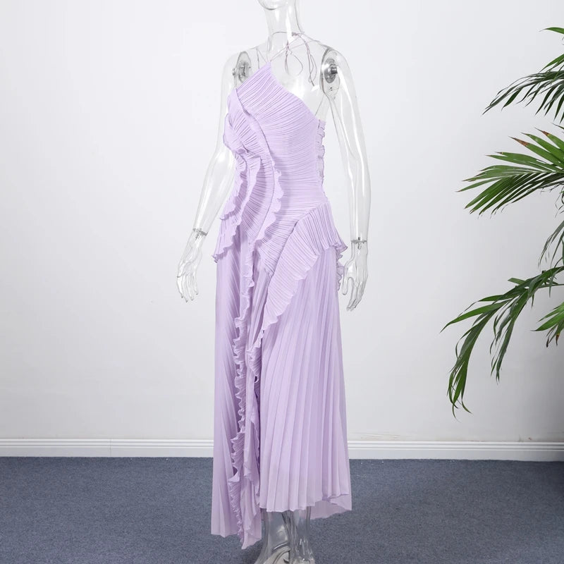 Elegant Affair Evening Gown - Ruffled Neck Strap, Backless Design, A-Line Silhouette, Perfect for Parties & Vacations