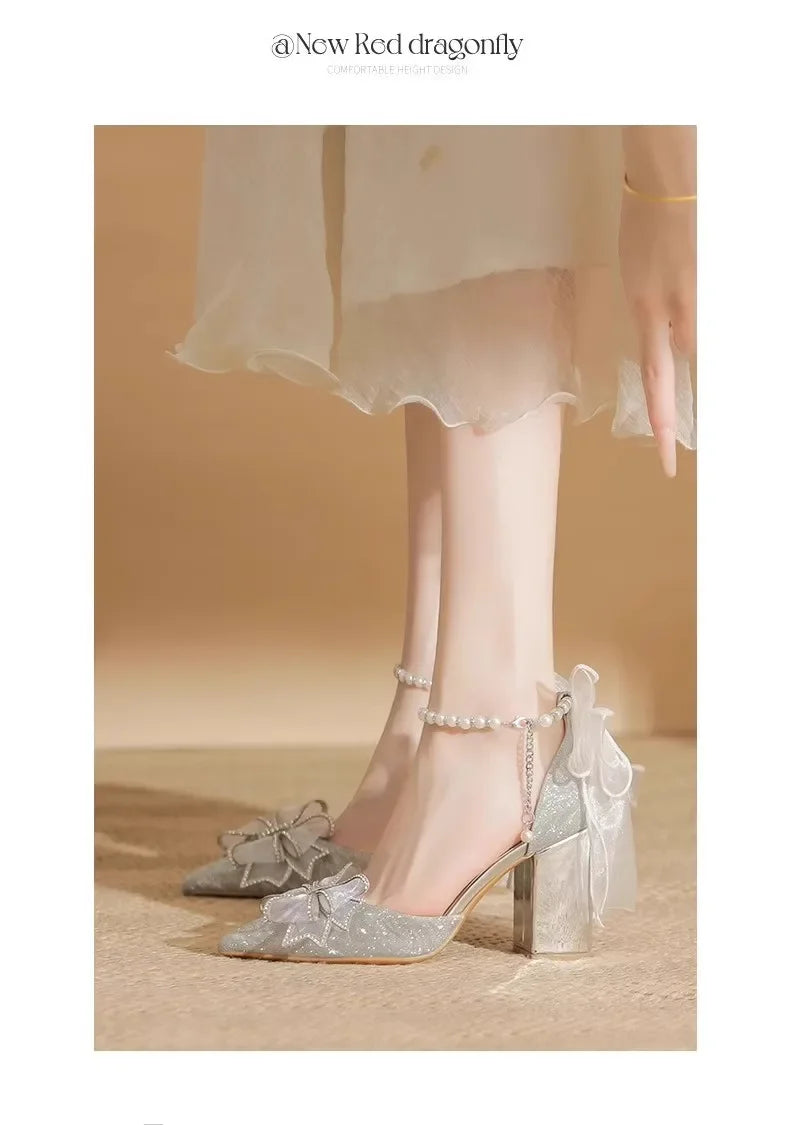 High Heels 2025 New Pearl Bow Silver Hollow Sandals Graduation Wedding Dress Big Size Bride Shoes