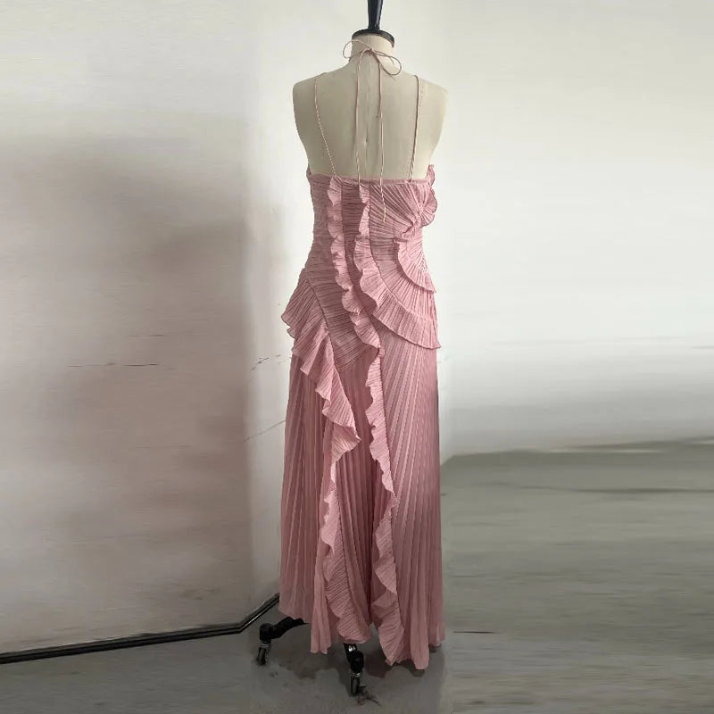 Elegant Affair Evening Gown - Ruffled Neck Strap, Backless Design, A-Line Silhouette, Perfect for Parties & Vacations