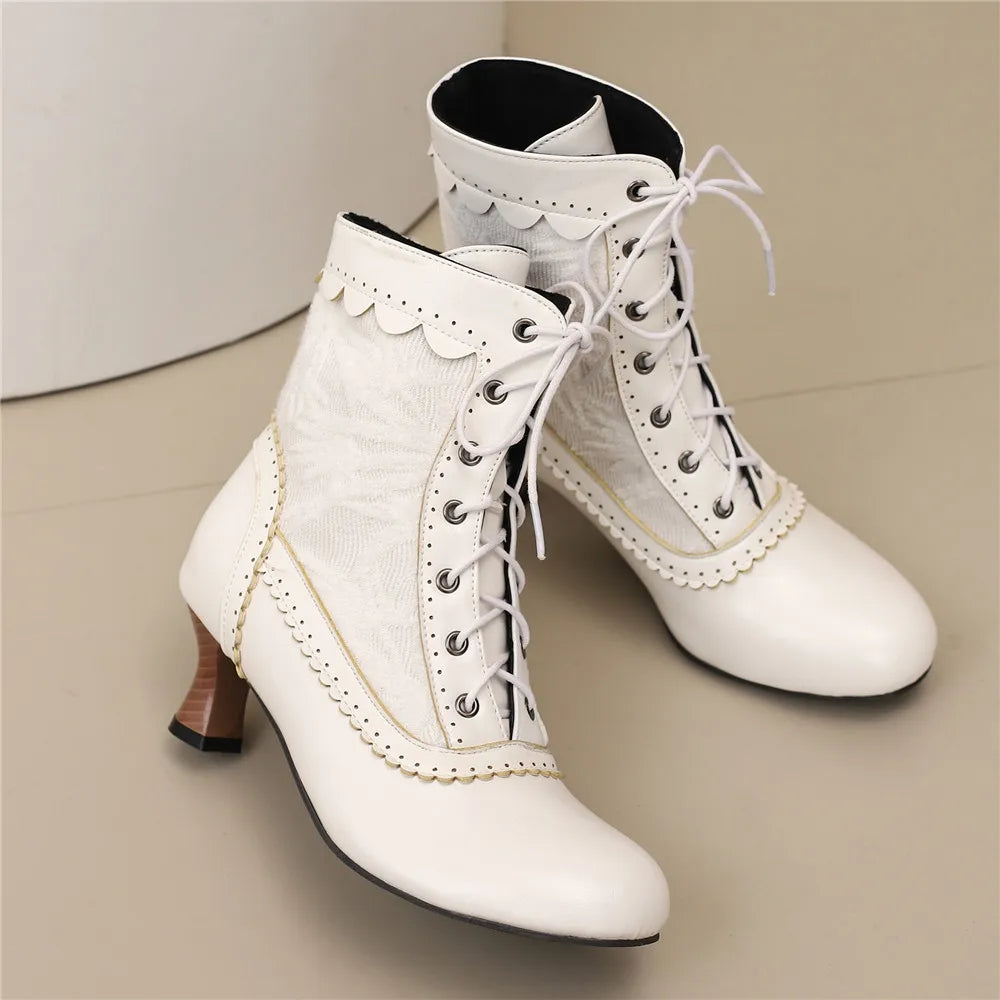 2025 New Lace Up Ladies High Heel Shoes Strange Steampunk Boot Victorian Ankle Boots Women Pointed Toe Thick Soled Short Boots