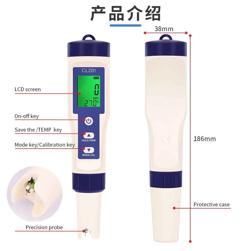 Multifunctional Chlorine Testing Pen 2/3/4/5 in 1 Water Quality Tester CL2 TEMP pH H2 ORP Measuring For Aquarium Swimming Pool