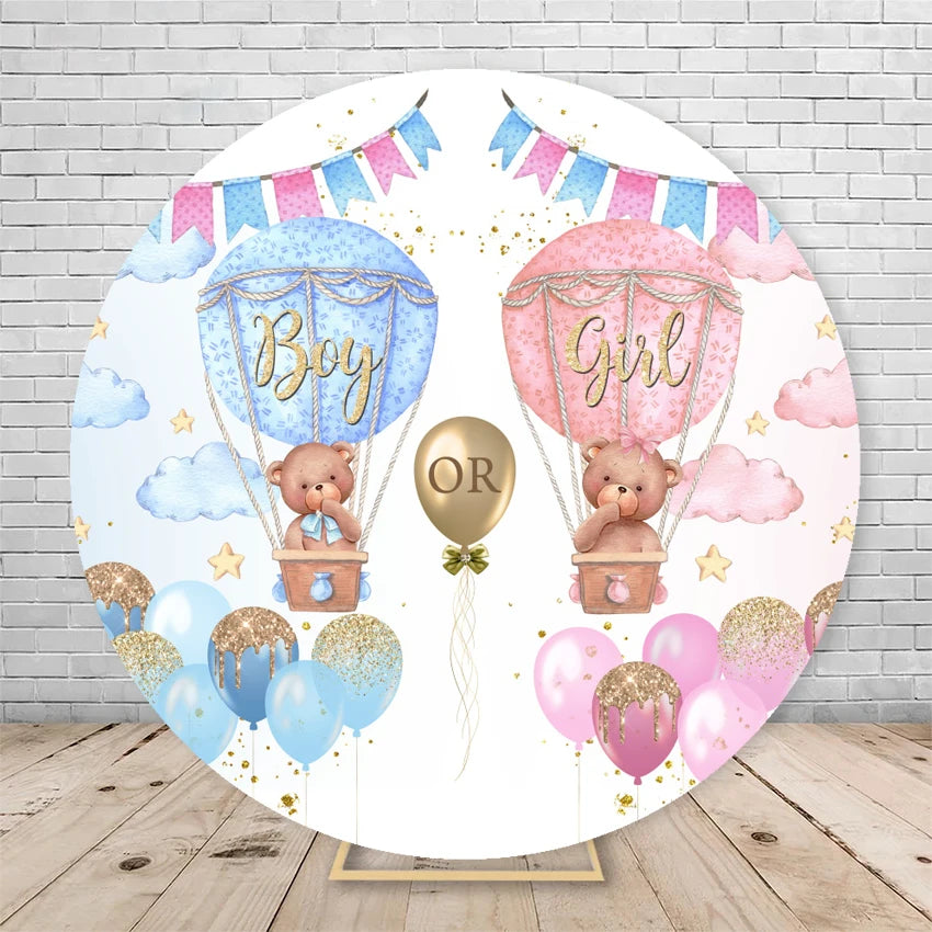 Gender Reveal Backdrop Round Cover Watercolor Cloud Bear Party Decor He or She Oh Baby Shower Photography Background Elasticity