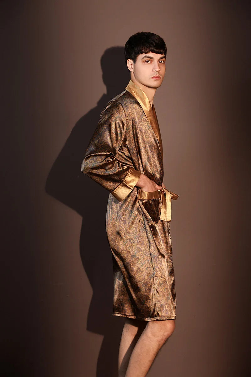 Men's Thin Bathrobe High Quality Nightrobes One-Piece Robe Male Loungewear Gents Spring and Autumn New Ice Silk Printed Pajamas