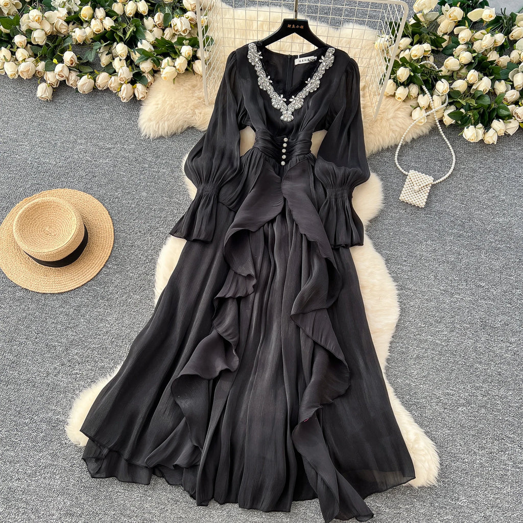 Spring Autumn Women Party Long Dress Elegant Female Red/Purple/Beige/Black Diamonds Patchwork Ruffle A-Line Maxi Vestidos New