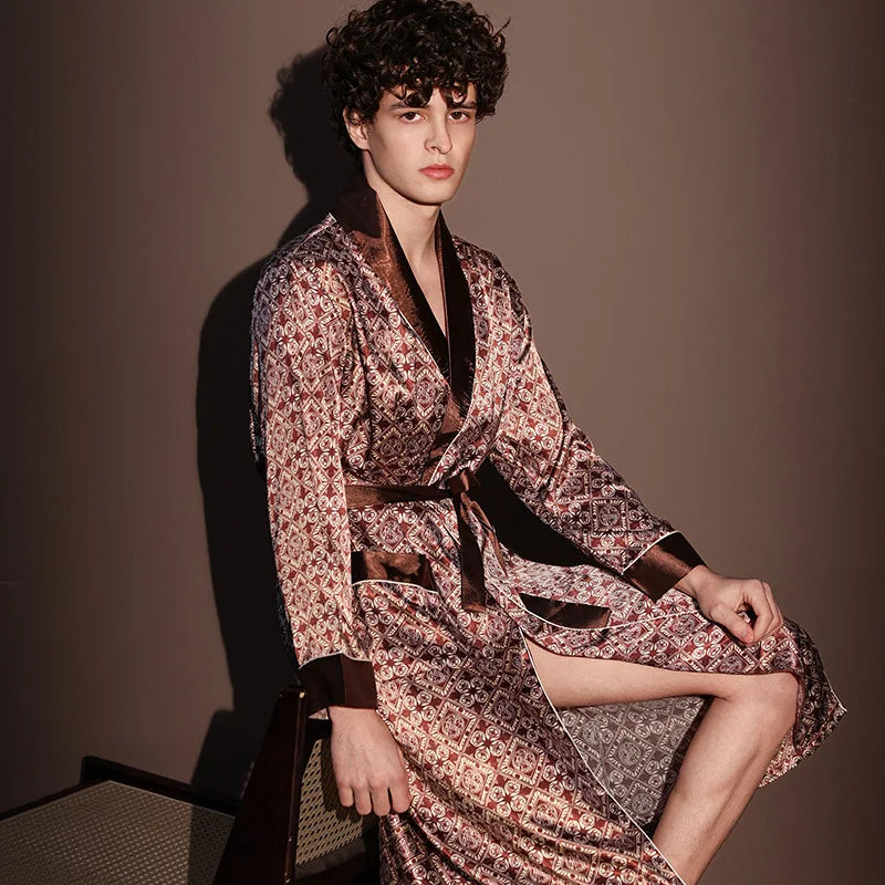 Men's Thin Bathrobe High Quality Nightrobes One-Piece Robe Male Loungewear Gents Spring and Autumn New Ice Silk Printed Pajamas